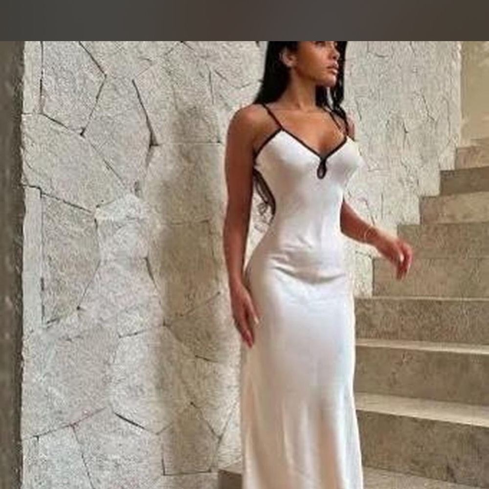 Fashion Nova White Maxi Slip Dress with Black Trim